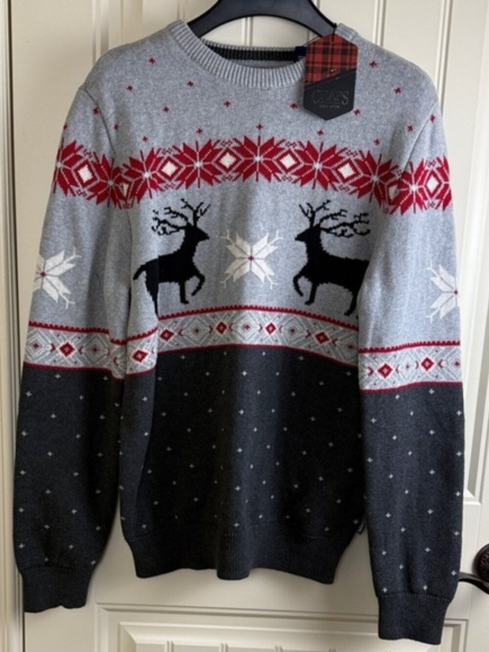 Chaps Sweater Holiday Crew Neck Pullover Christmas Winter Gray Red, Mens Sizes M